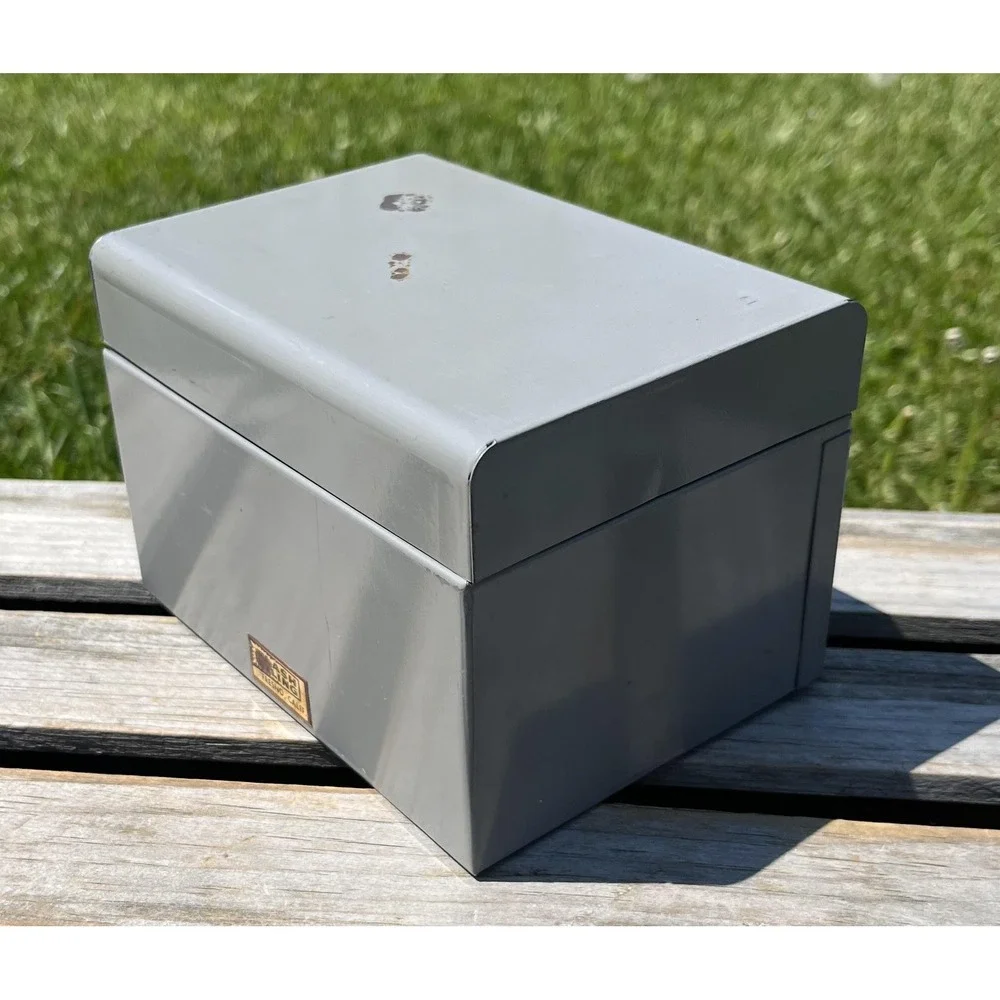 Vintage Flash Ling Gray‎ Steel Index Card File Box Hinged Lid USA Heavyweight
